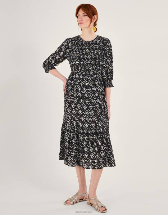 Monsoon نحيف فستان بطبعة هندسية وأكمام 3/4 من لينزينغ إيكوفيرو D68H1046 ملابس أسود
