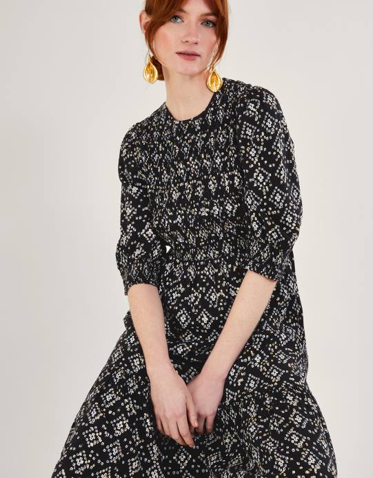 Monsoon نحيف فستان بطبعة هندسية وأكمام 3/4 من لينزينغ إيكوفيرو D68H1046 ملابس أسود