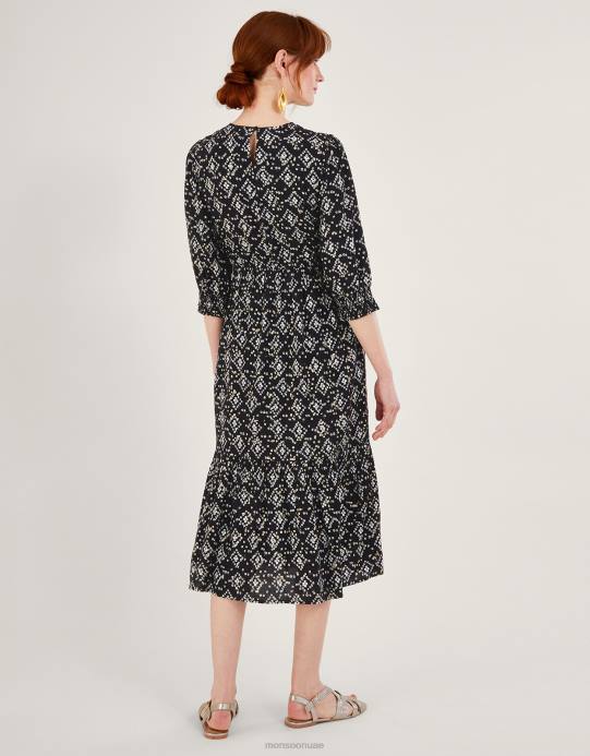 Monsoon نحيف فستان بطبعة هندسية وأكمام 3/4 من لينزينغ إيكوفيرو D68H1046 ملابس أسود