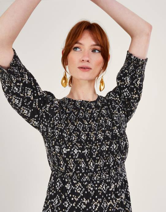 Monsoon نحيف فستان بطبعة هندسية وأكمام 3/4 من لينزينغ إيكوفيرو D68H1046 ملابس أسود