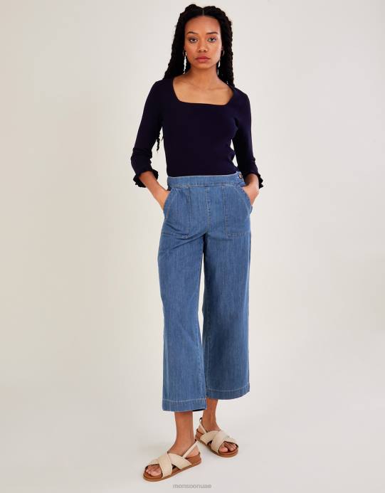 Monsoon نحيف كنزة برقبة مربعة وأكمام 3/4 مع تصميم لينزينج إيكوفيرو D68H547 ملابس الأزرق الداكن)