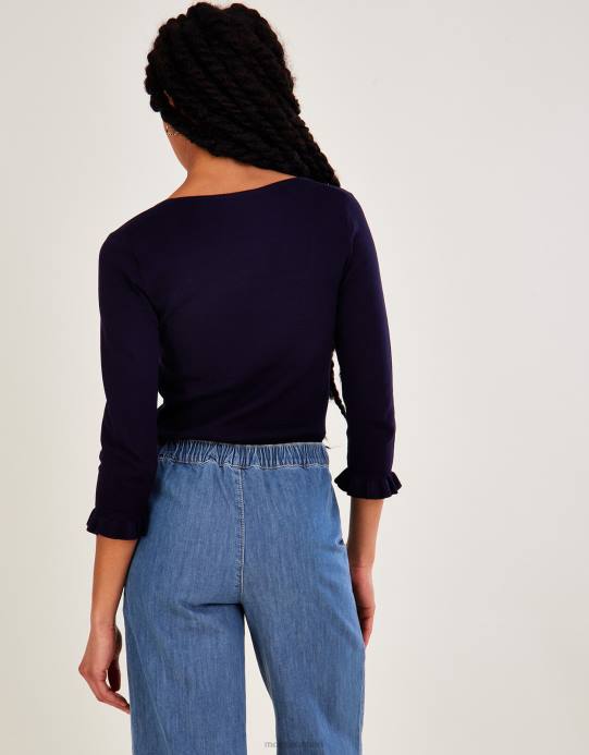 Monsoon نحيف كنزة برقبة مربعة وأكمام 3/4 مع تصميم لينزينج إيكوفيرو D68H547 ملابس الأزرق الداكن)