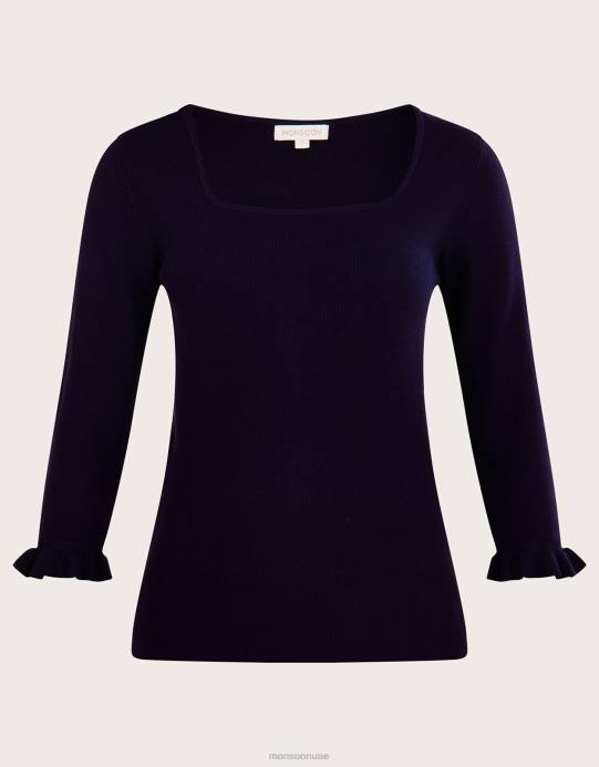 Monsoon نحيف كنزة برقبة مربعة وأكمام 3/4 مع تصميم لينزينج إيكوفيرو D68H547 ملابس الأزرق الداكن)