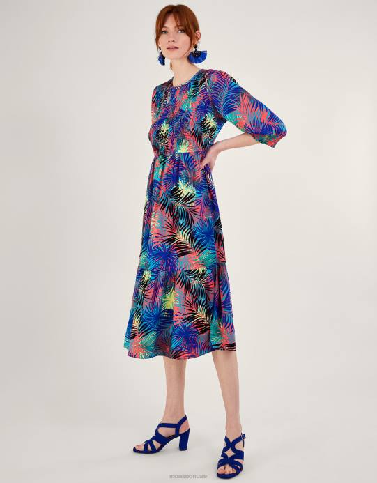 Monsoon نحيف فستان مزين بطبعات النخيل بطول 3/4 كم من لينزينغ إيكوفيرو D68H966 ملابس أزرق