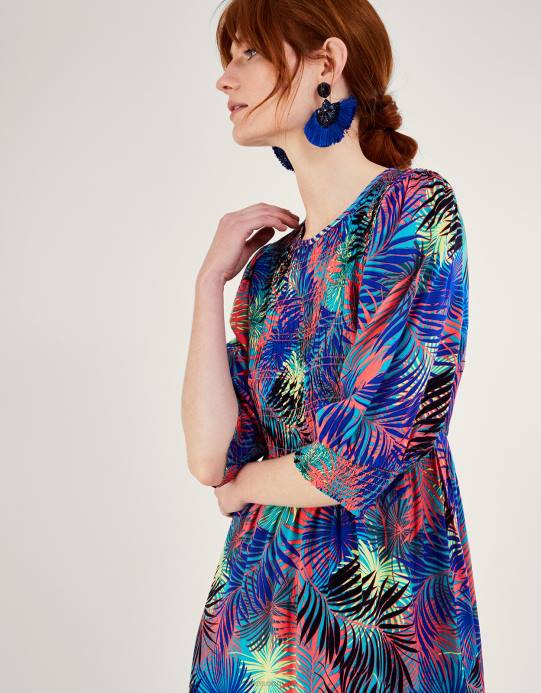 Monsoon نحيف فستان مزين بطبعات النخيل بطول 3/4 كم من لينزينغ إيكوفيرو D68H966 ملابس أزرق