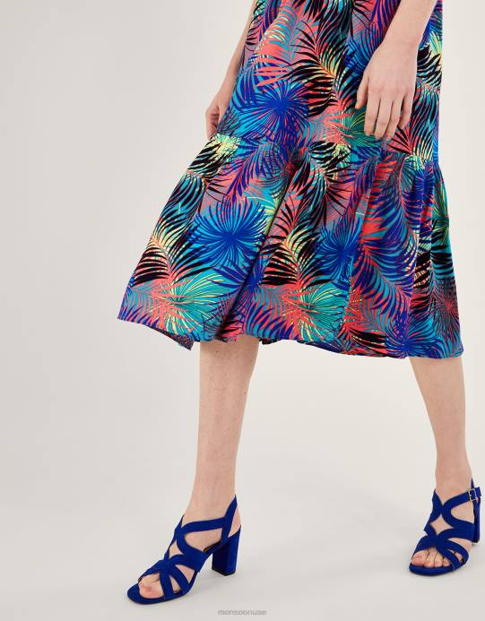 Monsoon نحيف فستان مزين بطبعات النخيل بطول 3/4 كم من لينزينغ إيكوفيرو D68H966 ملابس أزرق