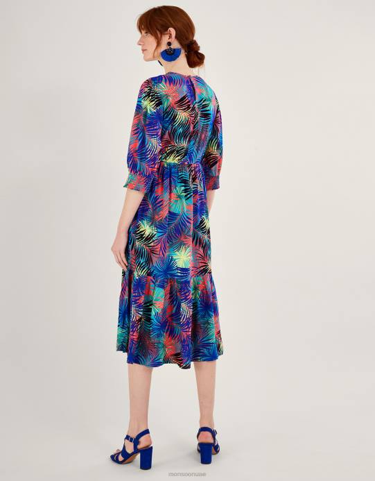 Monsoon نحيف فستان مزين بطبعات النخيل بطول 3/4 كم من لينزينغ إيكوفيرو D68H966 ملابس أزرق