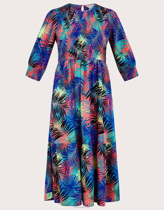 Monsoon نحيف فستان مزين بطبعات النخيل بطول 3/4 كم من لينزينغ إيكوفيرو D68H966 ملابس أزرق