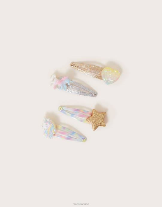 Monsoon بنت مشابك شعر ضبابية يونيكورن، 4 قطع D68H2471 ملحق رشيقة