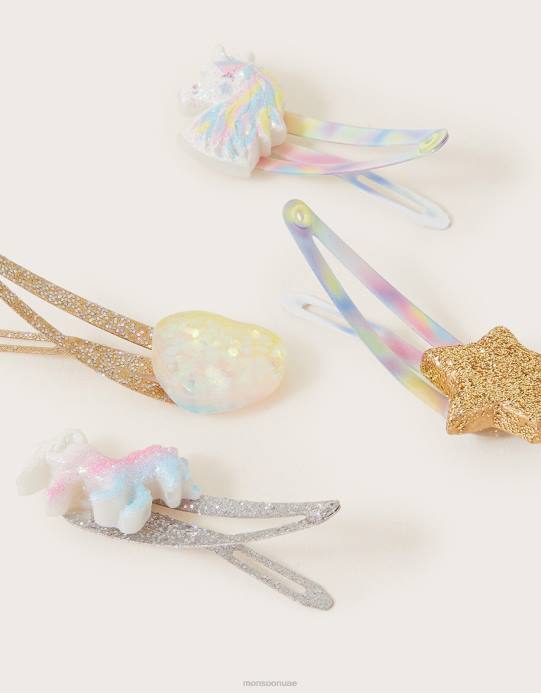 Monsoon بنت مشابك شعر ضبابية يونيكورن، 4 قطع D68H2471 ملحق رشيقة