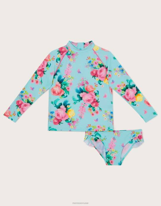 Monsoon بنت طقم سباحة مكون من قطعتين مزين بالزهور مع حماية من الأشعة فوق البنفسجية 50+ D68H2017 ملابس الأزرق (الفيروز)