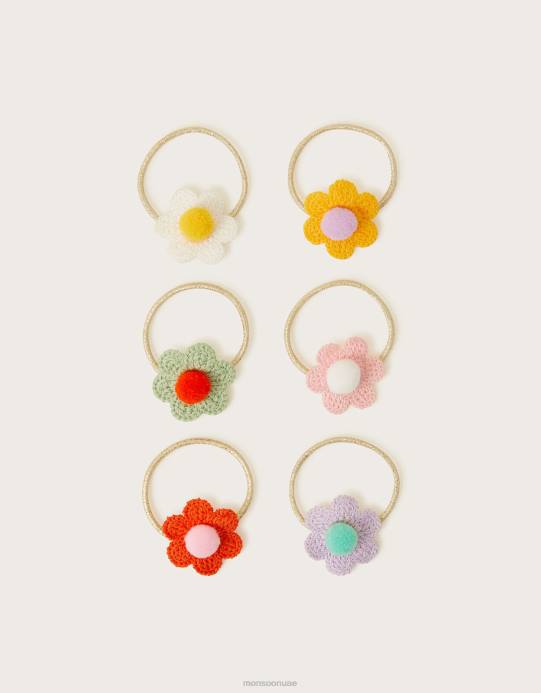 Monsoon بنت ربطات شعر على شكل زهرة كروشيه بوم بوم، 6 قطع D68H2569 ملحق حار
