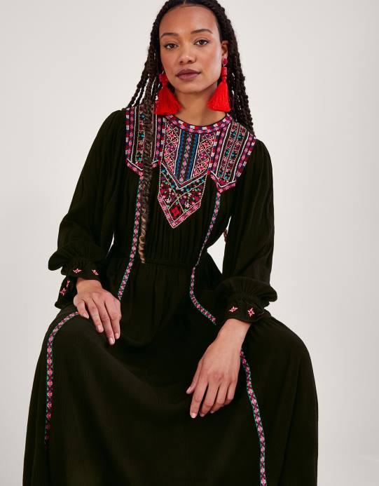 Monsoon نحيف فستان ماكسي مطرز بالنيون D68H10 ملابس أسود