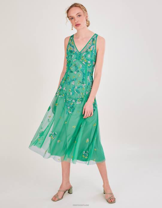 Monsoon نحيف فستان أماندا متوسط ​​الطول مزين بالبوليستر المعاد تدويره D68H1000 ملابس أخضر