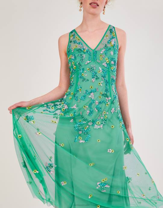 Monsoon نحيف فستان أماندا متوسط ​​الطول مزين بالبوليستر المعاد تدويره D68H1000 ملابس أخضر