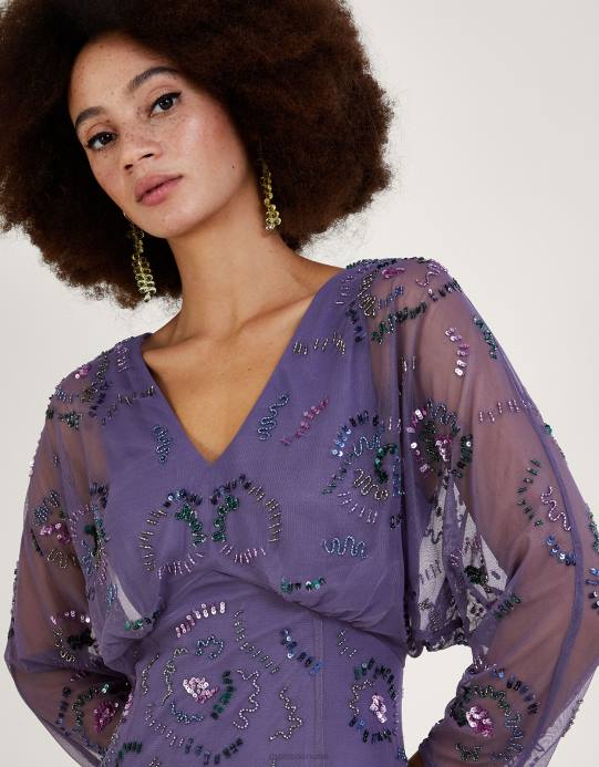 Monsoon نحيف فستان بيجي طويل مزين بالبوليستر المعاد تدويره D68H1002 ملابس أرجواني