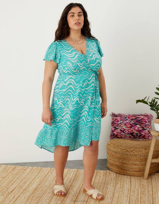 Monsoon نحيف فستان متوسط ​​الطول بطبعة مموجة من لينزينغ إيكوفيرو D68H1005 ملابس أخضر