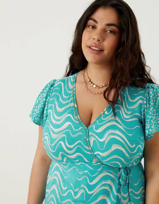 Monsoon نحيف فستان متوسط ​​الطول بطبعة مموجة من لينزينغ إيكوفيرو D68H1005 ملابس أخضر