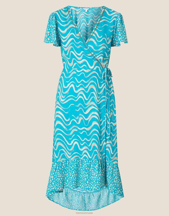 Monsoon نحيف فستان متوسط ​​الطول بطبعة مموجة من لينزينغ إيكوفيرو D68H1005 ملابس أخضر