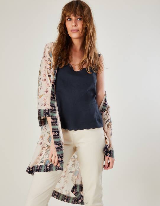 Monsoon نحيف سكالوب قميص كامي عادي في مزيج الكتان D68H1006 ملابس الأزرق الداكن)