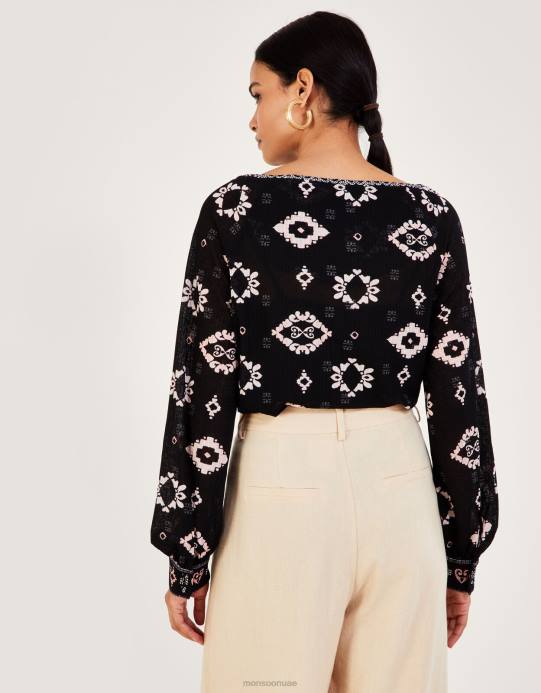 Monsoon نحيف قميص جيرسي هندسي بالكامل مع بوليستر معاد تدويره D68H1008 ملابس أسود