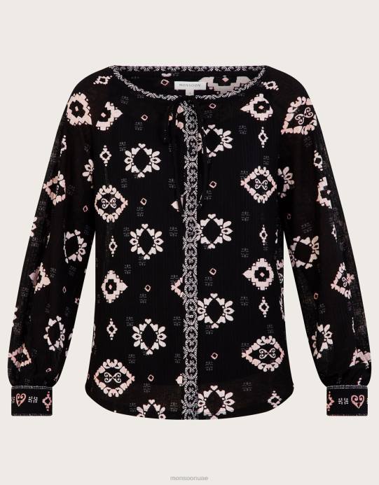 Monsoon نحيف قميص جيرسي هندسي بالكامل مع بوليستر معاد تدويره D68H1008 ملابس أسود