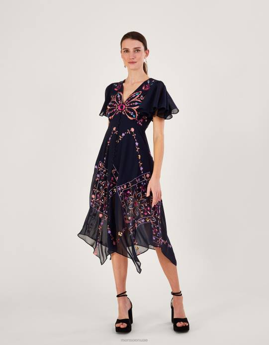 Monsoon نحيف فستان بريتاني مطرز من البوليستر المعاد تدويره D68H1011 ملابس الأزرق الداكن)