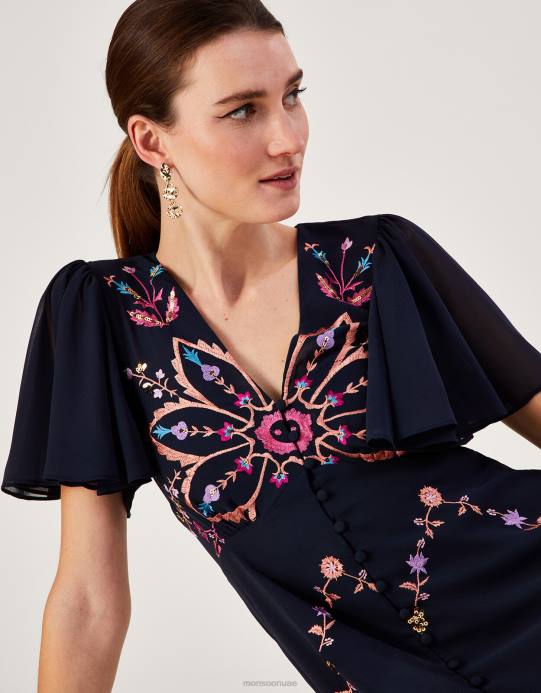 Monsoon نحيف فستان بريتاني مطرز من البوليستر المعاد تدويره D68H1011 ملابس الأزرق الداكن)