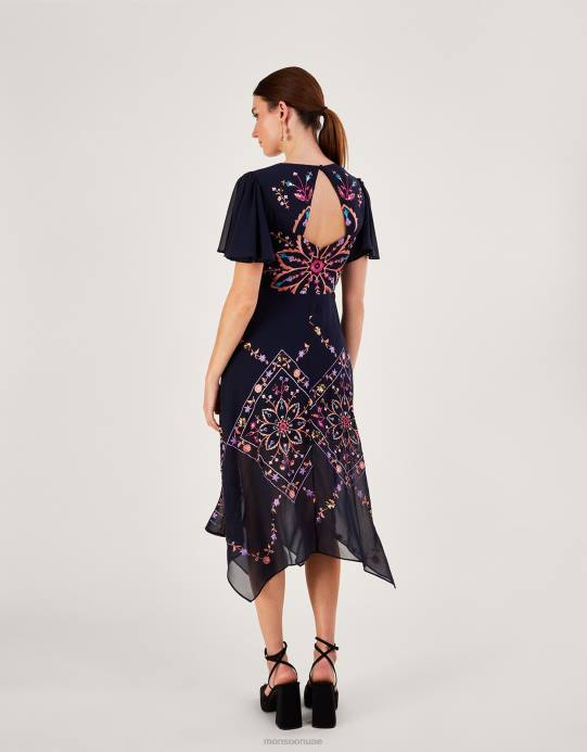 Monsoon نحيف فستان بريتاني مطرز من البوليستر المعاد تدويره D68H1011 ملابس الأزرق الداكن)