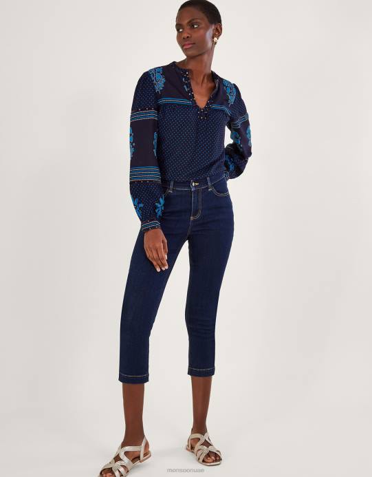 Monsoon نحيف جزء علوي بطبعة بتلات البتلات D68H1012 ملابس أزرق