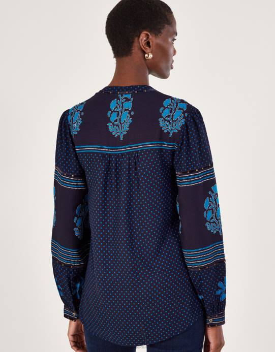 Monsoon نحيف جزء علوي بطبعة بتلات البتلات D68H1012 ملابس أزرق