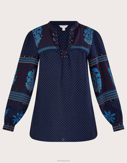 Monsoon نحيف جزء علوي بطبعة بتلات البتلات D68H1012 ملابس أزرق
