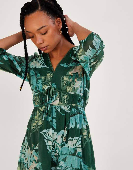 Monsoon نحيف فستان الشاي كلارا بطبعة النخيل مع لينزينج إيكوفيرو D68H1013 ملابس أخضر