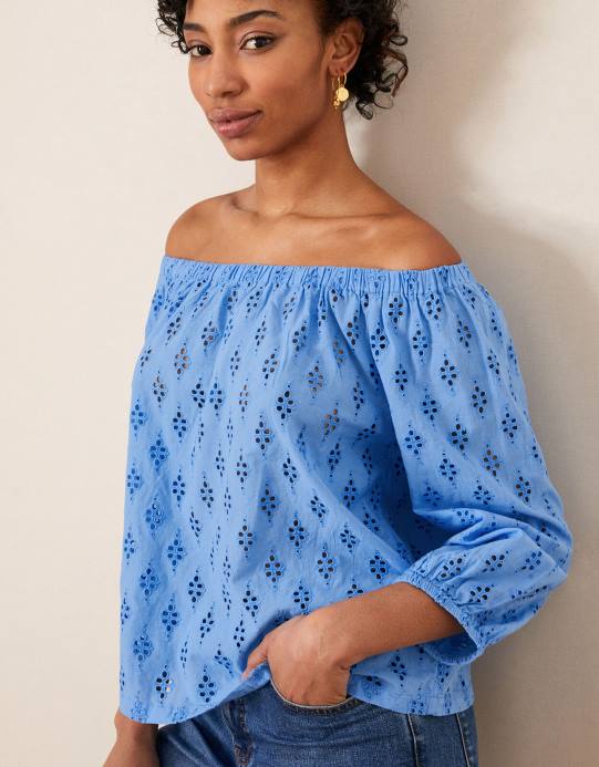 Monsoon نحيف بلوزة باردو بأكمام قصيرة من شيفلي D68H1016 ملابس أزرق