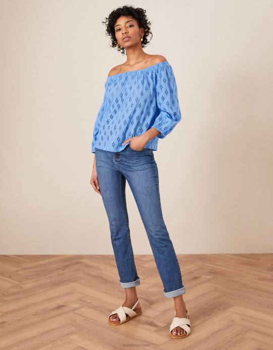 Monsoon نحيف بلوزة باردو بأكمام قصيرة من شيفلي D68H1016 ملابس أزرق