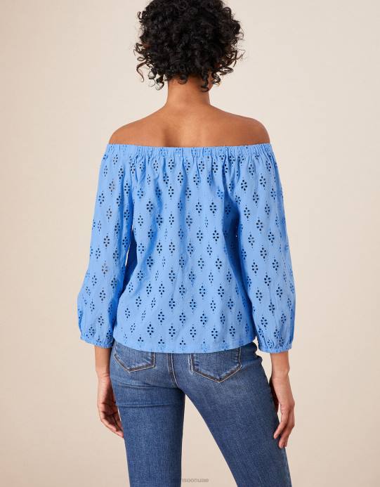 Monsoon نحيف بلوزة باردو بأكمام قصيرة من شيفلي D68H1016 ملابس أزرق