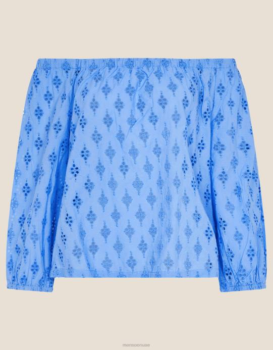 Monsoon نحيف بلوزة باردو بأكمام قصيرة من شيفلي D68H1016 ملابس أزرق