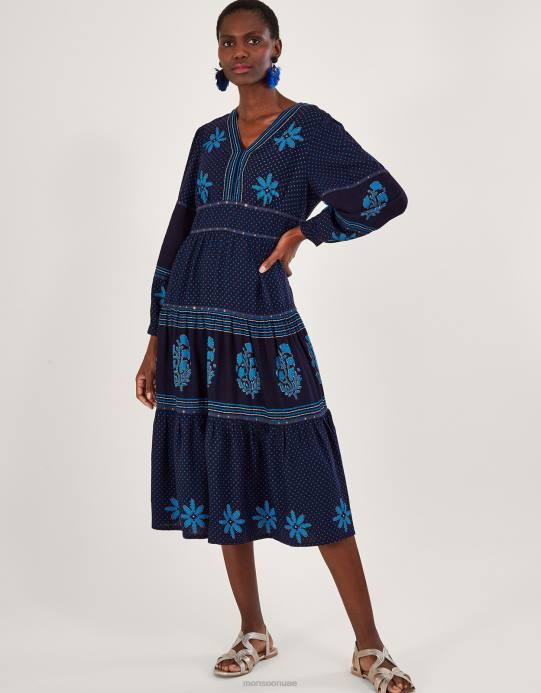 Monsoon نحيف فستان ماكسي بطبعة بتلات البتلات D68H1017 ملابس أزرق