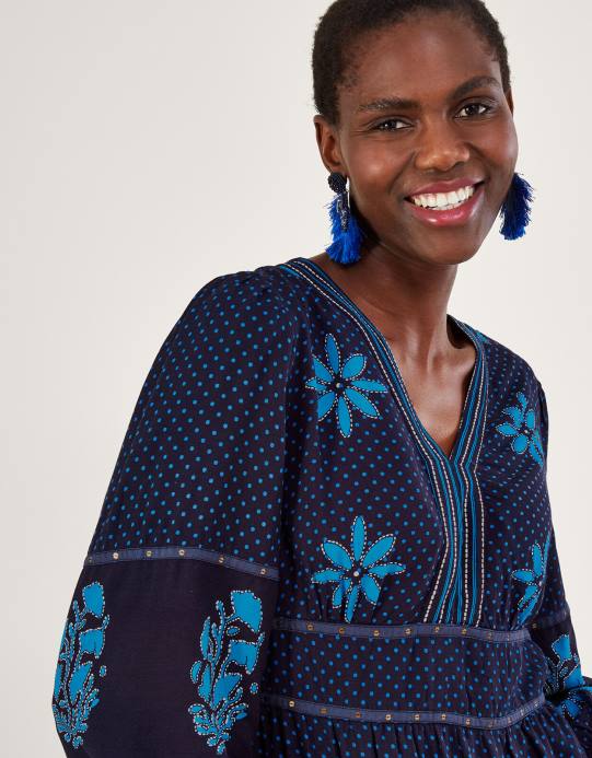 Monsoon نحيف فستان ماكسي بطبعة بتلات البتلات D68H1017 ملابس أزرق