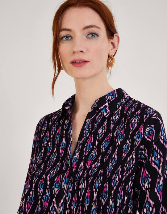 Monsoon نحيف بلوزة مكشكشة بطبعة إيكات من لينزينج إيكوفيرو D68H1019 ملابس لون القرنفل