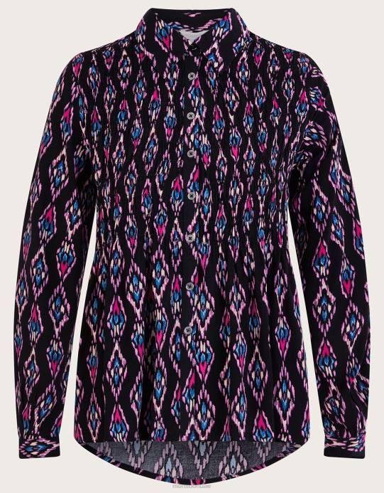 Monsoon نحيف بلوزة مكشكشة بطبعة إيكات من لينزينج إيكوفيرو D68H1019 ملابس لون القرنفل