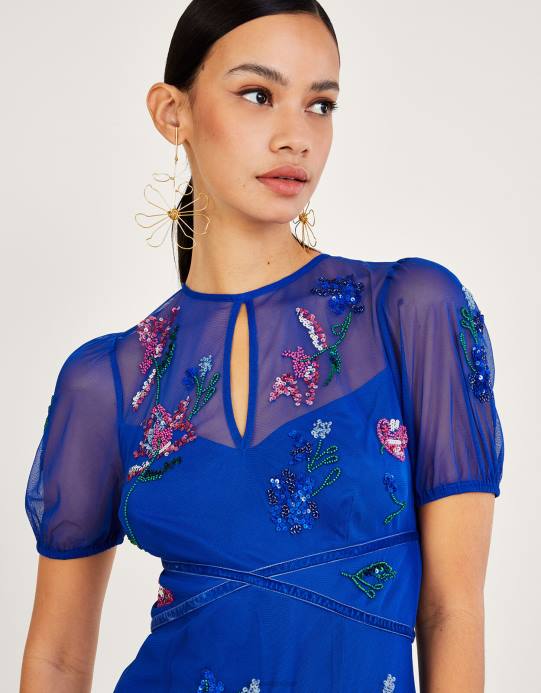 Monsoon نحيف فستان فوبي متوسط ​​الطول مزين من البوليستر المعاد تدويره D68H1030 ملابس الأزرق (الكوبالت)