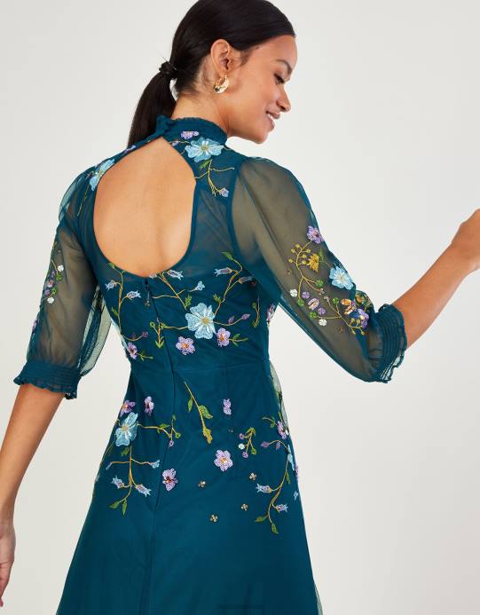 Monsoon نحيف فستان ميدي مطرز من فرانشيسكا D68H1033 ملابس أزرق