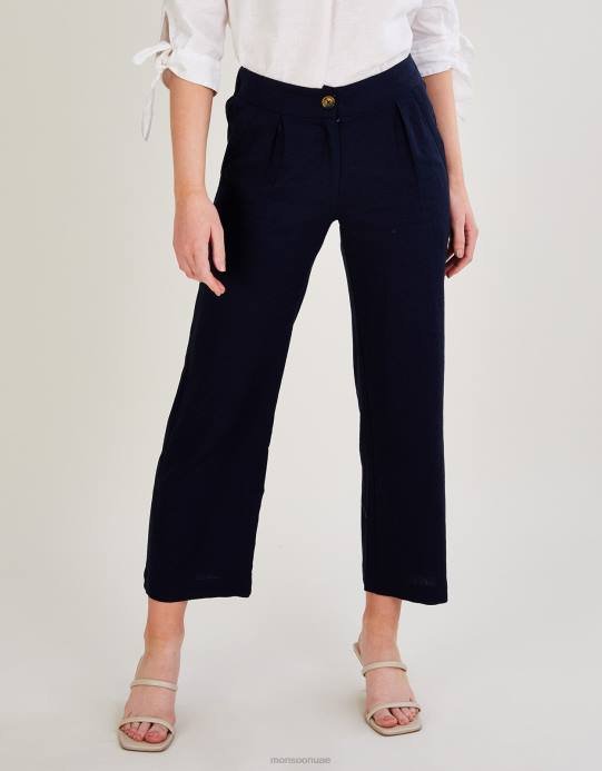 Monsoon نحيف بنطلون ليلى قصير من مزيج الكتان D68H1035 ملابس الأزرق الداكن)