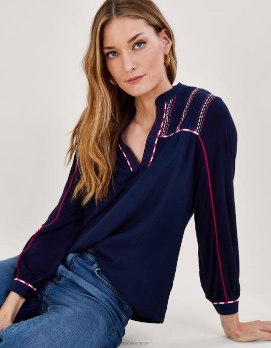 Monsoon نحيف قميص جيرسي بأكمام شريطية مطرزة D68H1037 ملابس الأزرق الداكن)