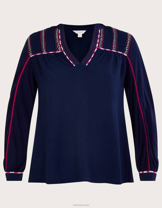 Monsoon نحيف قميص جيرسي بأكمام شريطية مطرزة D68H1037 ملابس الأزرق الداكن)