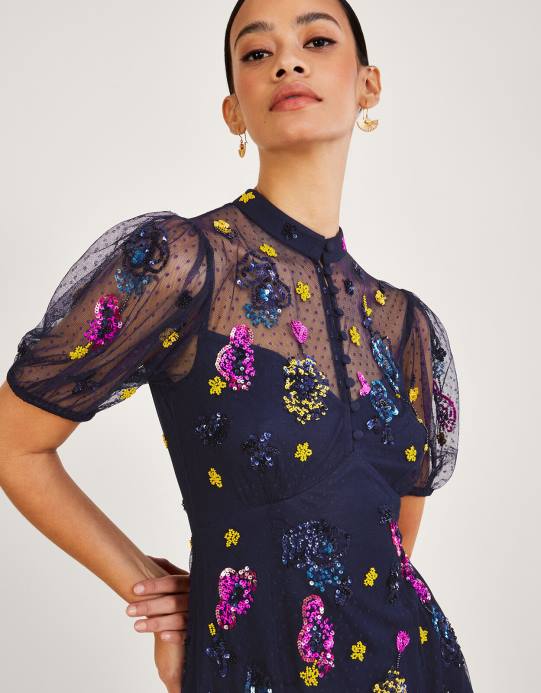 Monsoon نحيف فستان ناتاليا ميدي مزين D68H1039 ملابس الأزرق الداكن)