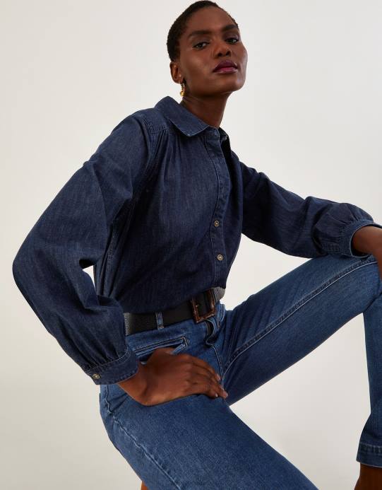 Monsoon نحيف قميص من الدنيم مصنوع من القطن المستدام D68H1040 ملابس الأزرق (نيلي)