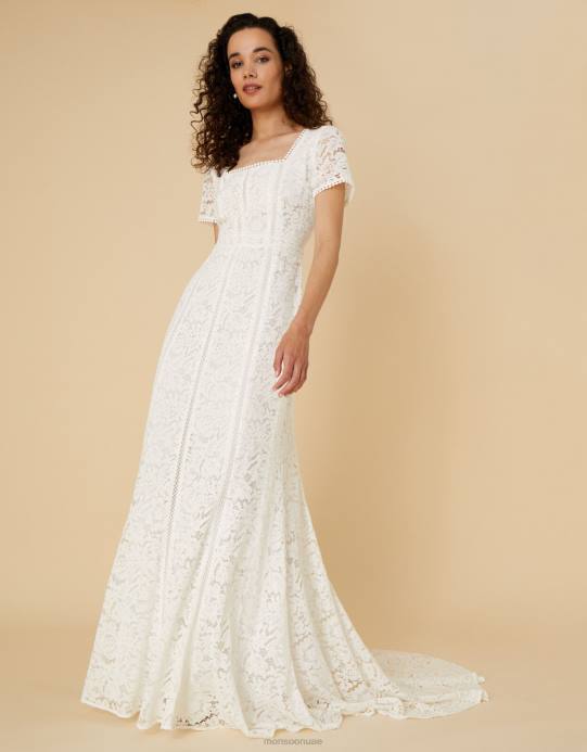 Monsoon نحيف فستان زفاف من الدانتيل برقبة مربعة من كيم D68H1043 ملابس عاج