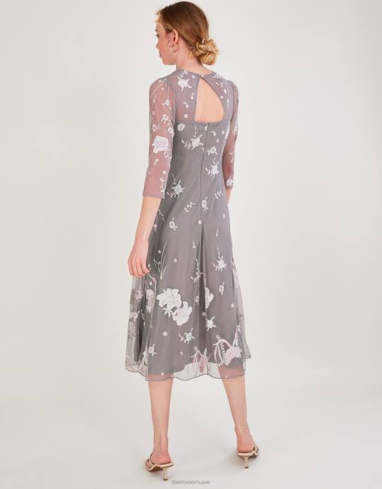 Monsoon نحيف فستان بريتا متوسط ​​الطول مزين بالبوليستر المعاد تدويره D68H1044 ملابس رمادي